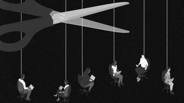 illustration depicting individuals on chairs engaged with laptops under large scissors