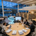 The image depicts a business meeting in a modern setting, featuring a holographic representation of a brain.