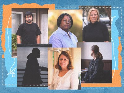 A collage-style illustration in blue and orange tones with individual photos of six people. The illustration includes textures, text, dotted lines and scribbles as added details.