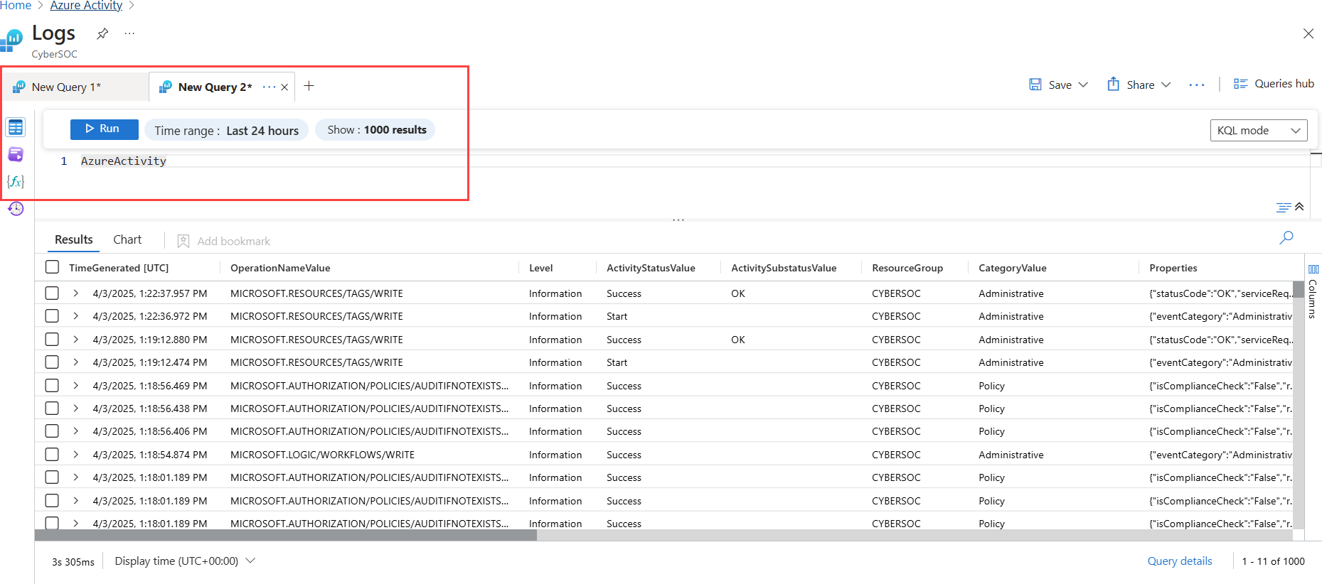 Azure portal の [ログ] ページの AzureActivity クエリのスクリーンショット。