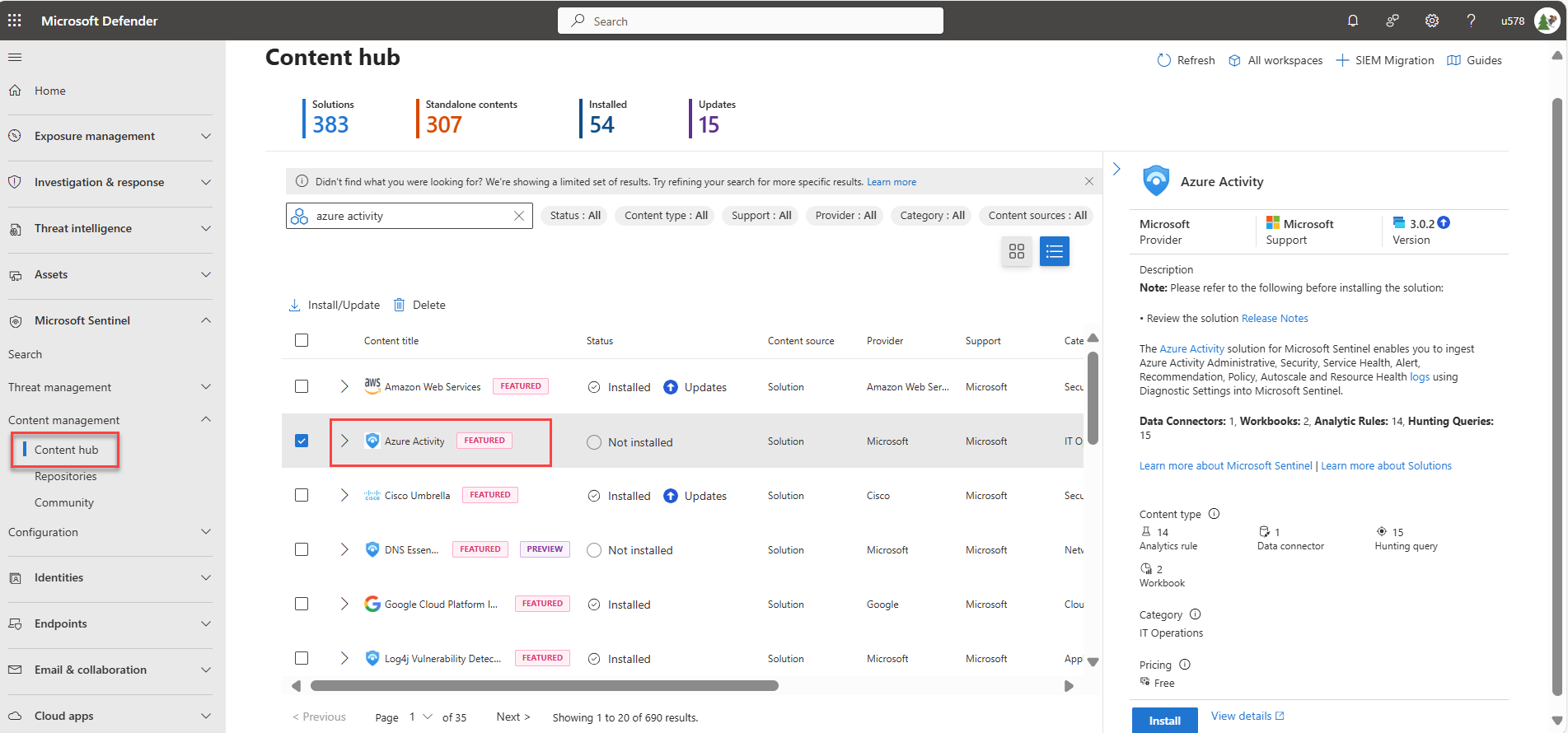 [Azure アクティビティ] のソリューションが選択されている Defender ポータルのコンテンツ ハブのスクリーンショット。