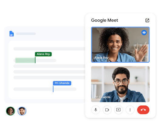 Two team members on a Meet call from Docs