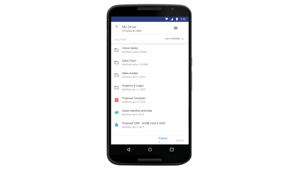 Google Drive UI showing a list of different types of files. 