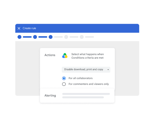 A screenshot of a rule being created to disable the download, print, and copy options for all collaborators in a document.
