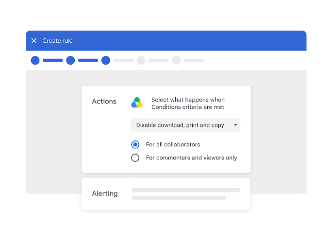 A screenshot of a rule being created to disable the download, print, and copy options for all collaborators in a document.
