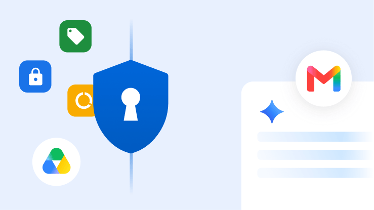 A security shield surrounded by icons representing security, data, Gemini, and Google Workspace tools.