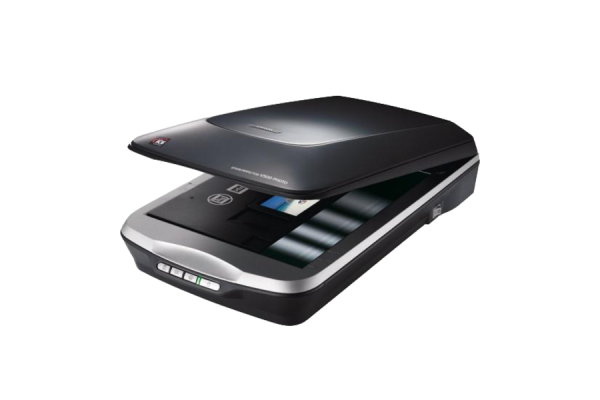 A black rectangle scanner that opens to show a glass screen. You can place your image or document to scan the image to a computer or other device in the opening. there are silver buttons on the front of the device to adjust your scanning settings.