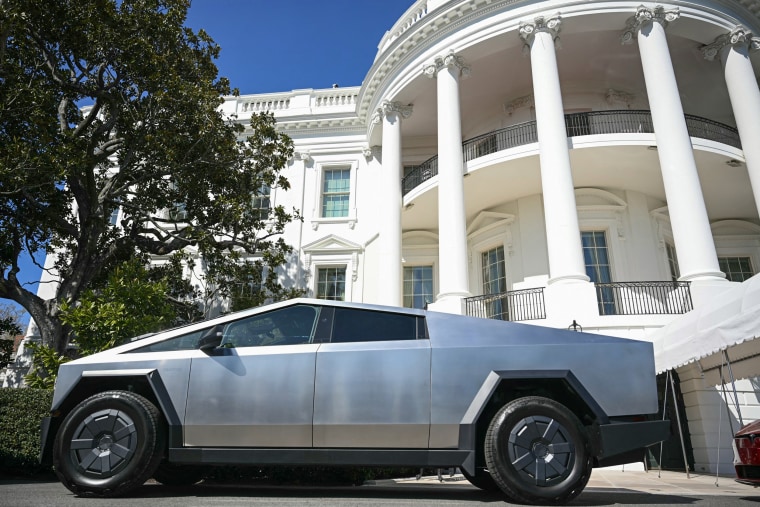 Image: A Tesla Cybertruck sits parked on South Portico of the White House