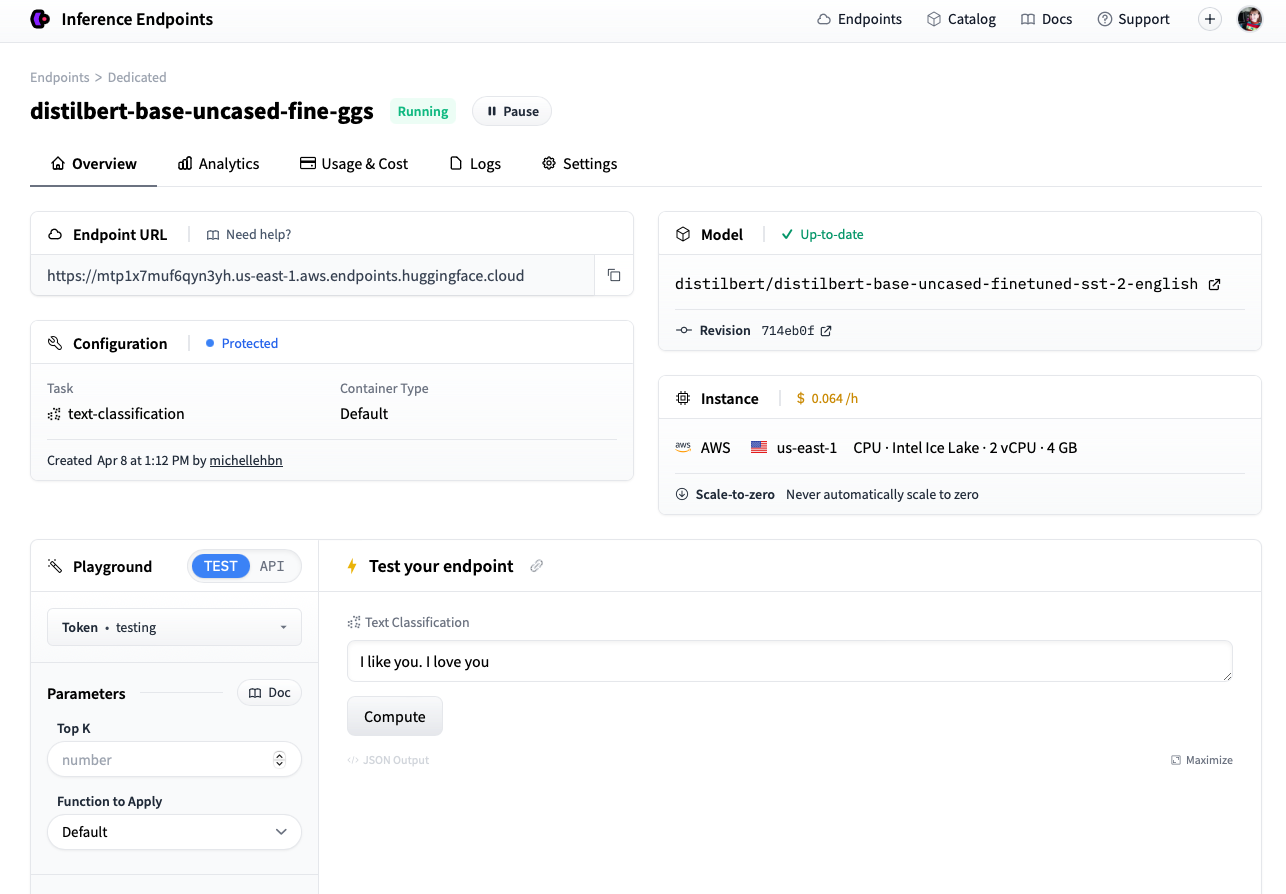 Implantando o modelo usando o endpoint Hugging Face Inference