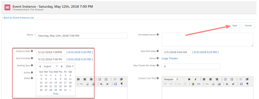 Change the Instance Date and Sale End Date, then click "Save"