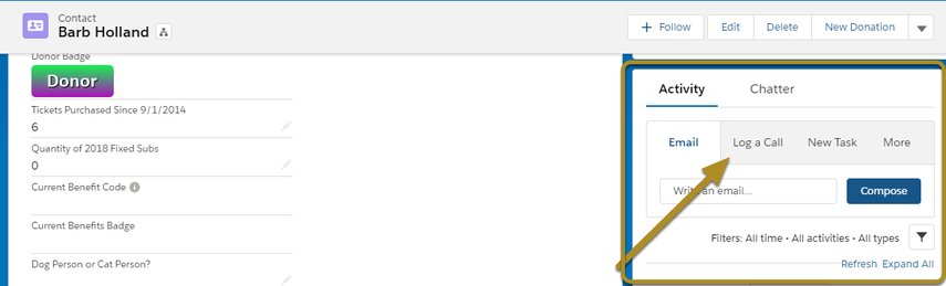 2. Scroll down to the "Activity History" section an press "Log a Call"