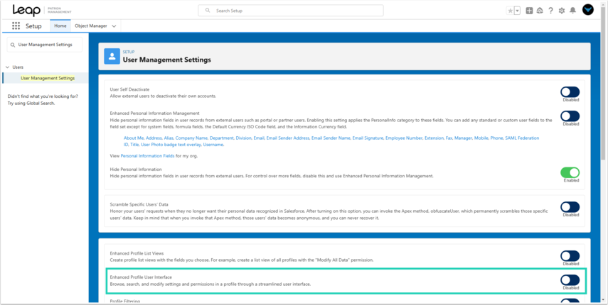 Disabled Enhanced Profile User Interface