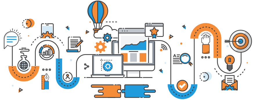 Icon with email, gears, and websites to represent Salesforce Partner