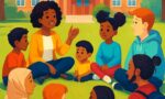 A ilustração retrata um grupo diversificado de estudantes e uma educadora, sentados em um círculo em frente a uma escola.