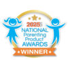A blue yellow and orange graphic that says 2025 National Parenting Product Awards Winner
