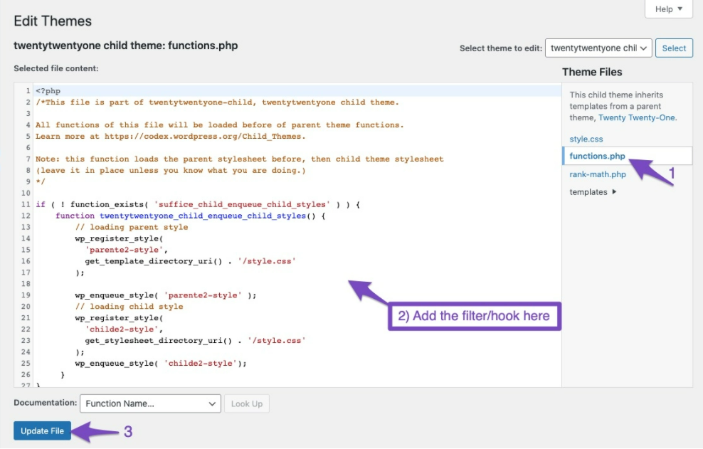 editing functions.php from Theme File Editor