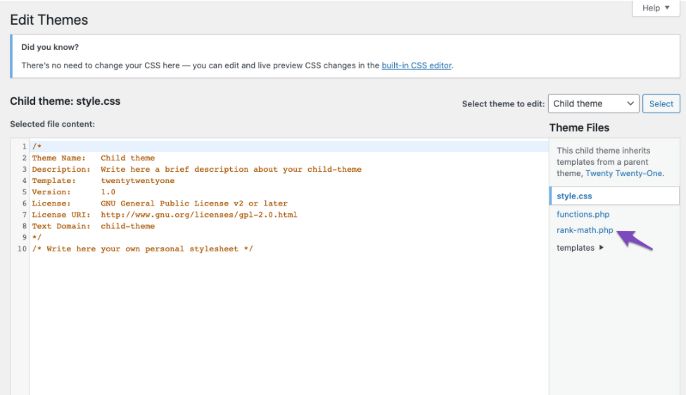 Choose rank-math.php file in child theme
