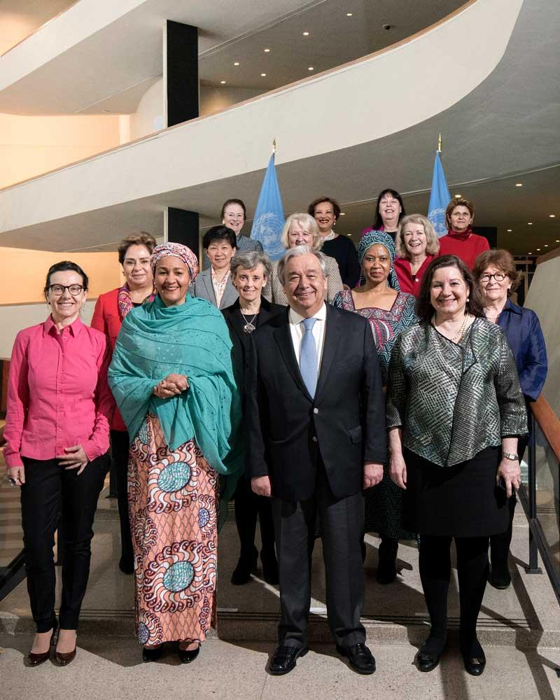 Photo: Secretary-General António Guterres poses with women who comprise part of the leadership team