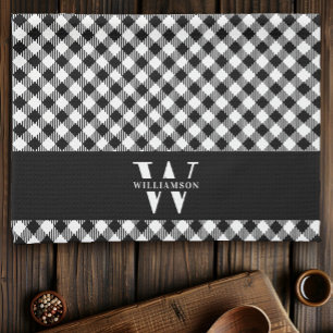Family Monogram Black and White Vichy Plaid Modern Kitchen Towel