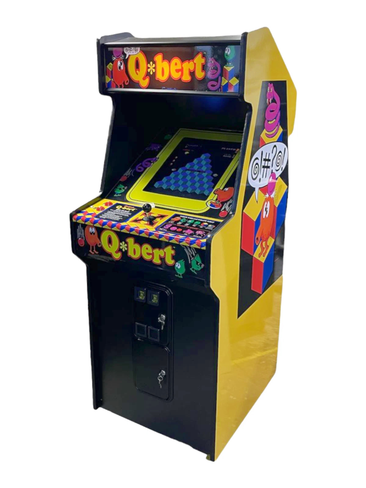 Q*bert upright arcade cabinet with yellow side panels and original character artwork
