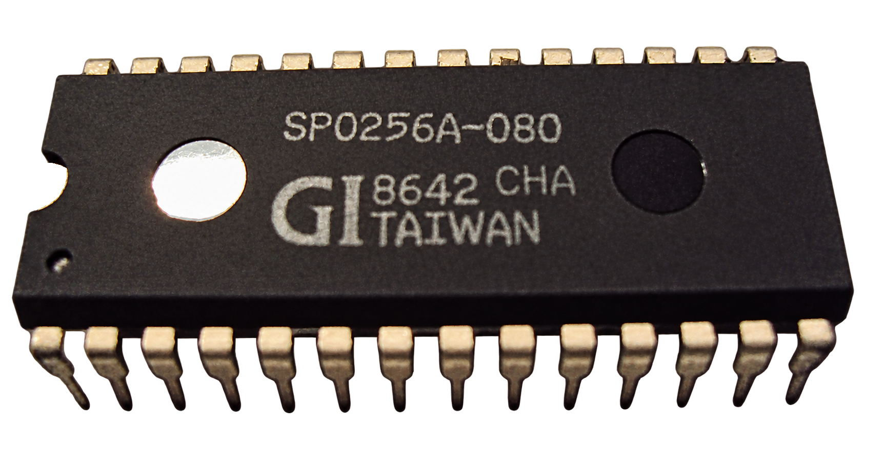 General Instrument SP0256A-080 speech processor in a 28-pin DIP package; the chip marking also shows GI, 8642 CHA, and Taiwan.