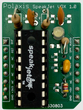 Polaxis SpeakJet Vox 1.0 board, with the SpeakJet chip and its controls and components.