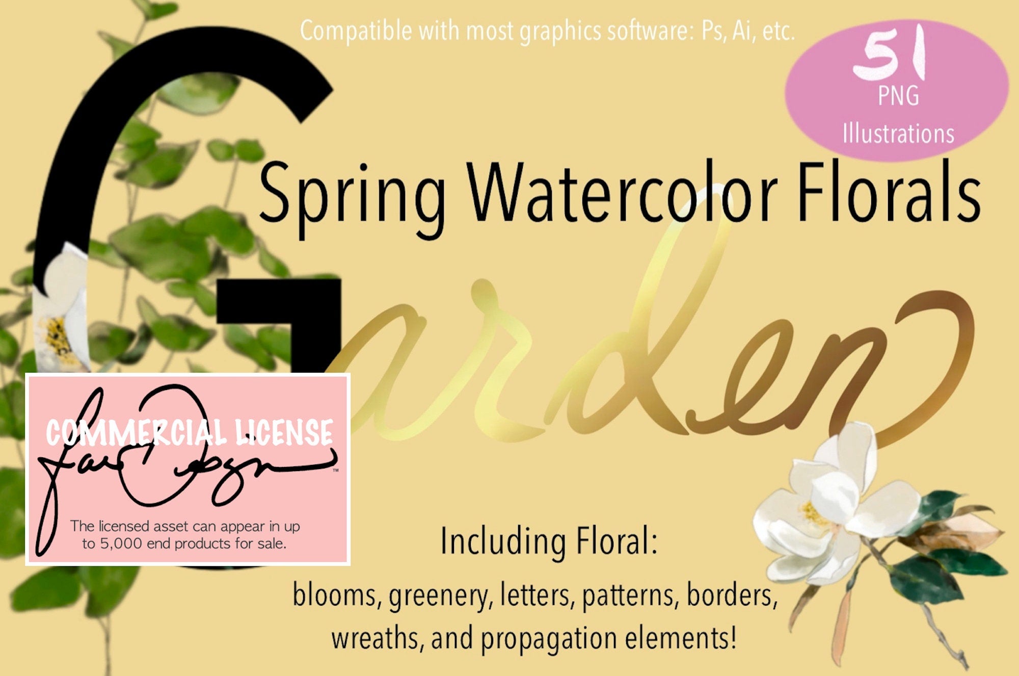 Clip Art Floral Graphics PNG Illustrations and Font Letter Art for Print On Demand Product Ideas