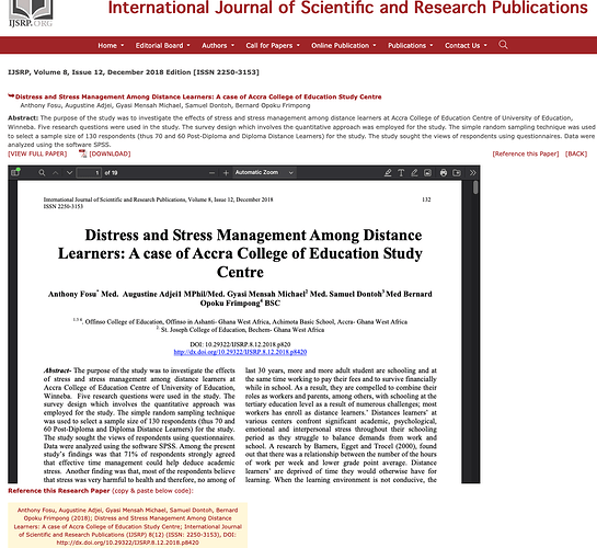 Screenshot of a landing page from the IJSRP; includes article details, abstract, the DOI at the very bottom of the page, plus the entire fulltext PDF embedded