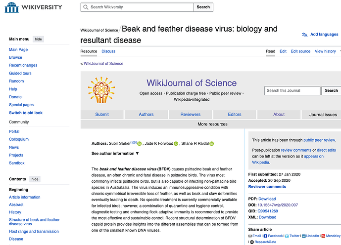 A screenshot of an article in the WikiJournal of Science; the webpage is hosted on a wiki platform and includes the journal title, authors, DOI, dates, and an abstract.