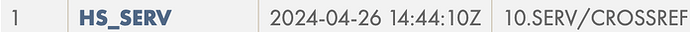 The HS_SERV line displaying 10.SERV/CROSSREF, indicating the prefix is a Crossref prefix