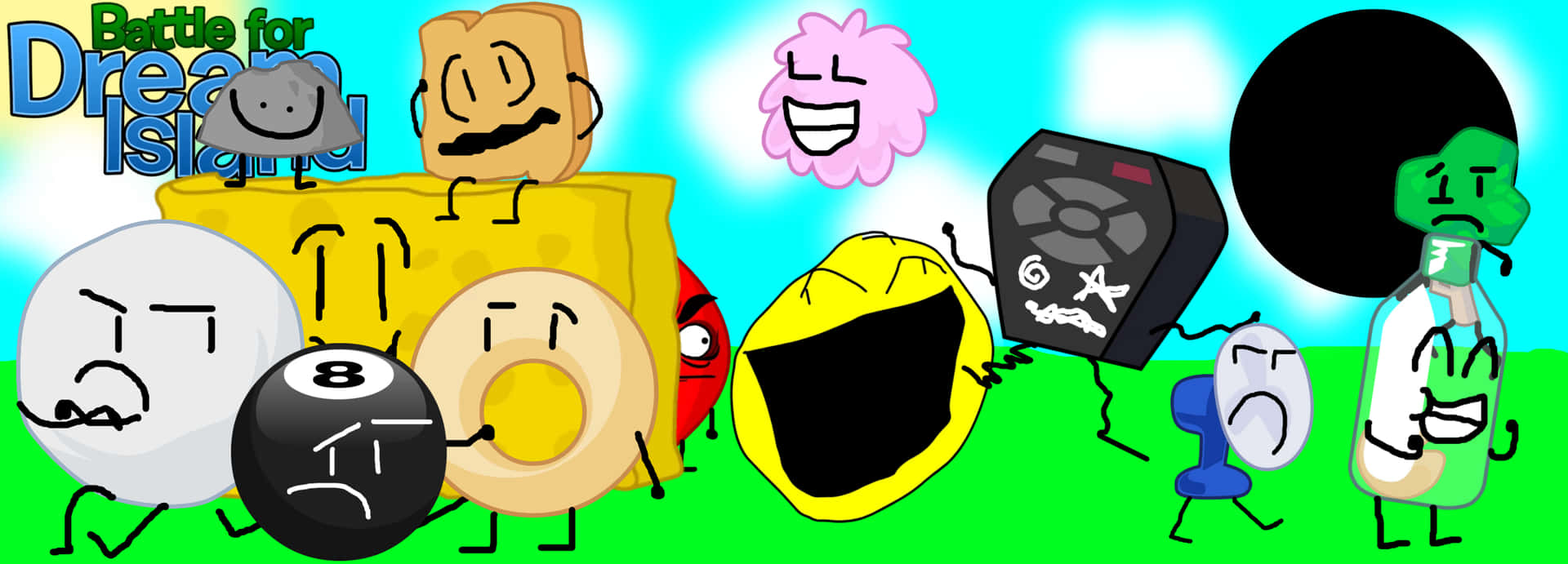 En gruppe af tegnefilm karakterer med forskellige ansigter