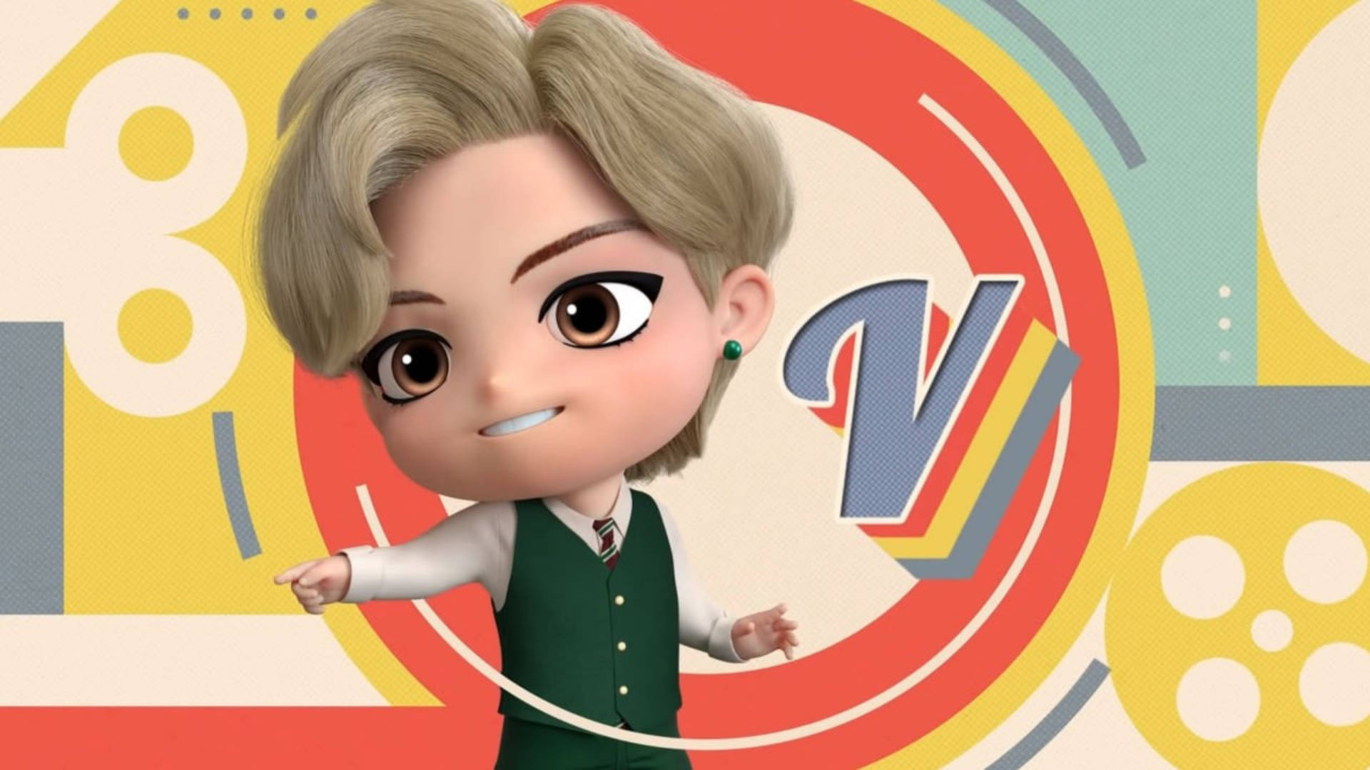 BTS Tinytan V Retro Tapet: En farverig 3D-tapet, der passer til dit skrivebord. Wallpaper