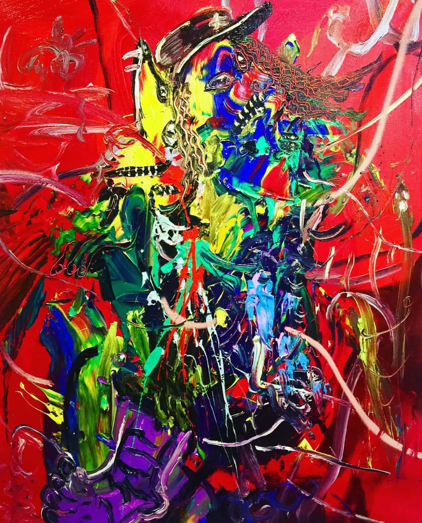 Maalaus Punaisella Taustalla Ja Värikkäillä Abstrakteilla Muodoilla Taustakuva