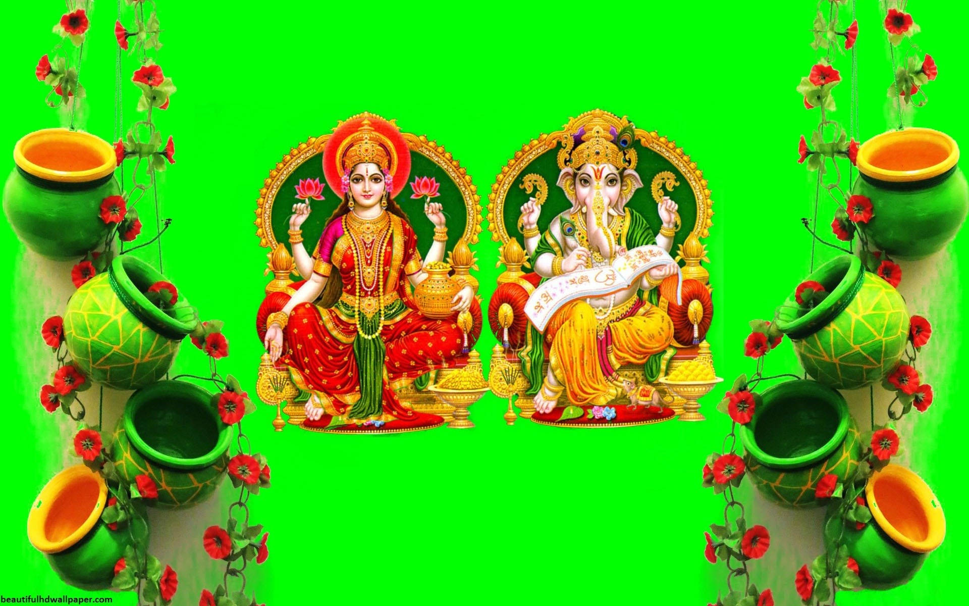 Déesse Lakshmi Ganesh Pots Esthétiques Verts Hd Fond d'écran