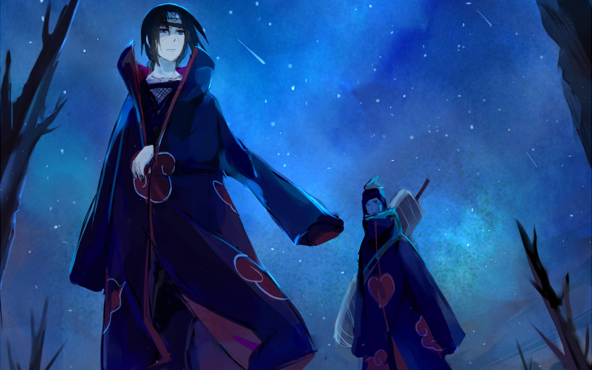 Itachi og Kisame springer i aktion side om side Wallpaper