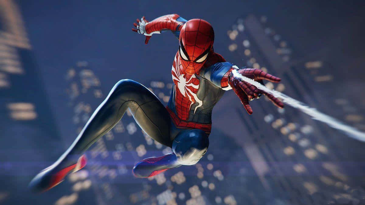 Spidermande Marvel En Ps4 Balanceando Por La Ciudad. Fondo de pantalla