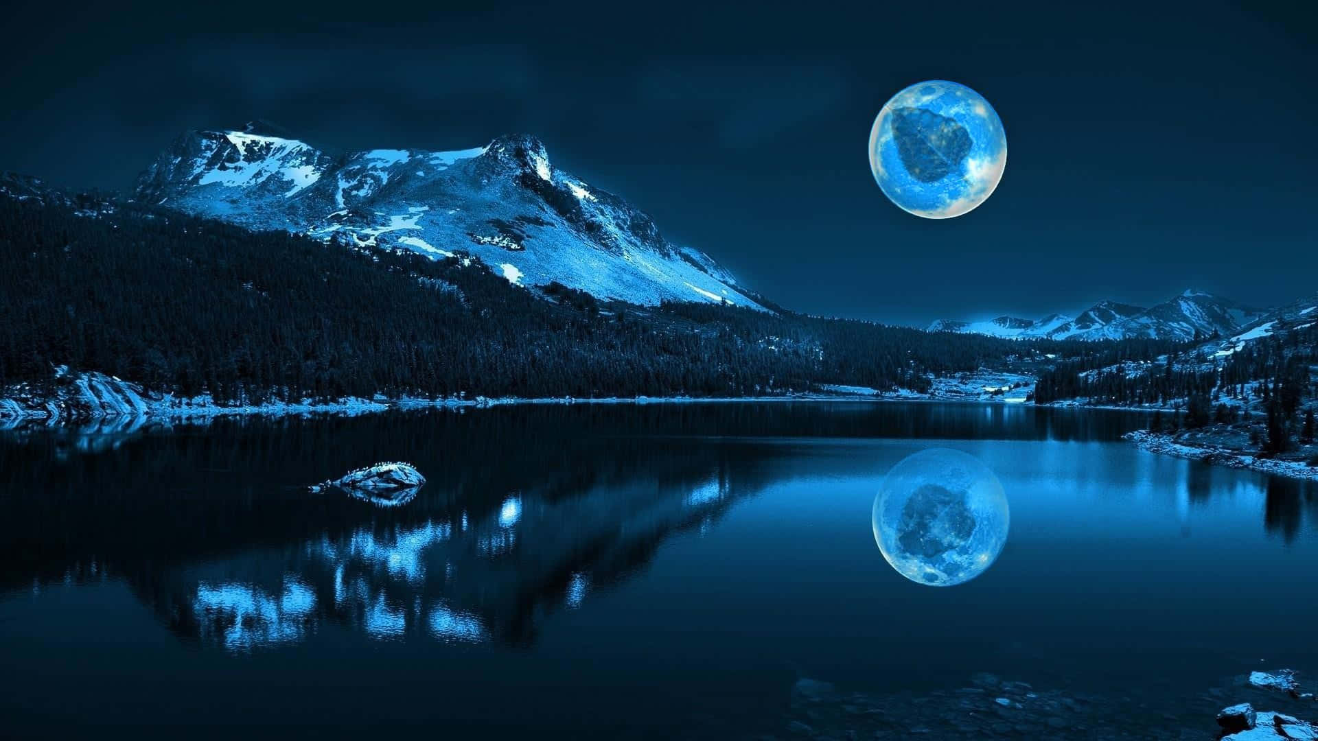 Fondode Pantalla De Un Lago Cerca De Una Montaña Con Luna Llena
