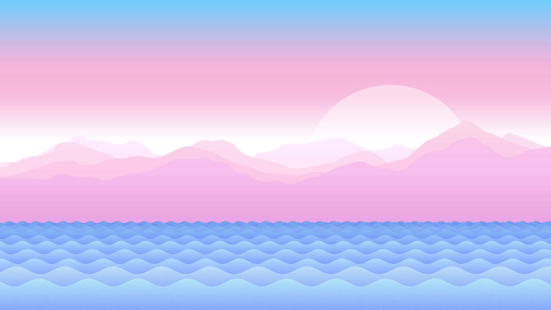 Lautan Merah Muda Dan Biru Dengan Gunung Dan Ombak Wallpaper