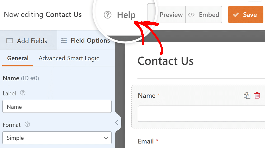 Pulsante Aiuto nell'editor di moduli WPForms