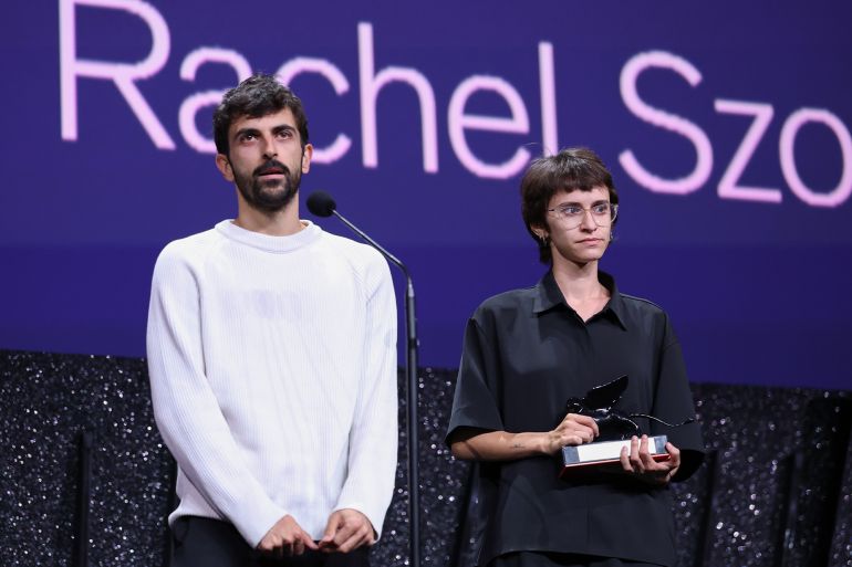 VENICE, ITALY - SEPTEMBER 12: Yuval Abraham and Rachel Szor receive Special Jury Prize Award for "Naza" during the 2026 Closing Ceremony for the 83rd Venice International Film Festival at Sala Grande on September 12, 2026 in Venice, Italy. (Photo by Daniele Venturelli/WireImage)