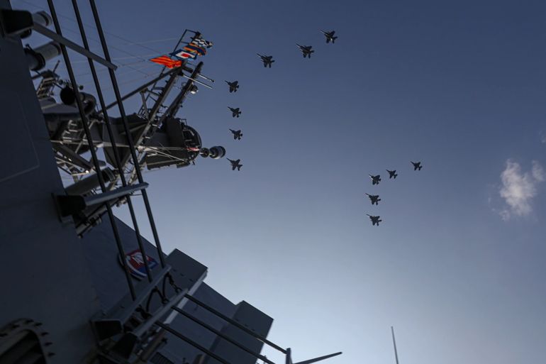 AT SEA (Nov. 13, 2024) – Aircraft assigned to U.S. Navy Carrier Air Wing 5, U.S. Air Force, Japan Air Self-Defense Force, and Republic of Korea Air Force during a formation sail during Freedom Edge 24-2, Nov. 13, 2024. Exercises such as Freedom Edge demonstrate a new era of trilateral cooperation to ensure peace and stability in the Korean Peninsula and the Indo-Pacific. @dvidshub.net - (U.S. Navy photo by Mass Communication Specialist 1st Class Greg Johnson)