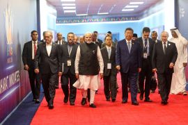 India's Prime Minister Narendra Modi walks with Russian President Vladimir Putin, Chinese President Xi Jinping and Iranian President Masoud Pezeshkian at the venue of BRICS Summit in New Delhi on September 12, 2026 [India's Press Information Bureau/Reuters]