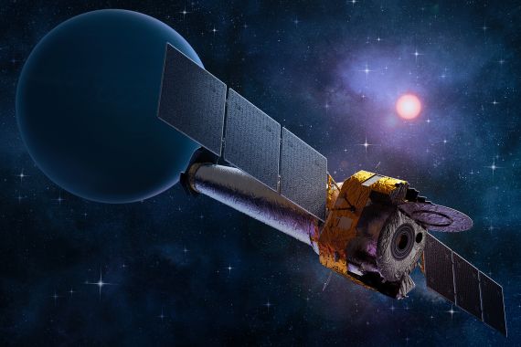 Artist rendering of the Chandra X-ray Observatory space telescope, created on May 19, 2021. The planet Uranus is visible in the background. (Illustration by Nicholas Forder/Future Publishing via Getty Images)