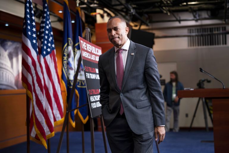 House Minority Leader Hakeem Jeffries, D-N.Y., finishes a meeting with reporters ahead of an address by President Donald Trump, Thursday, July 16, 2026, at the Capitol in Washington. (AP Photo/J. Scott Applewhite)