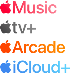 A list of Apple services: Apple Music, Apple Fitness Plus, Apple TV Plus, Apple News Plus, Apple Arcade, and Apple iCloud Plus