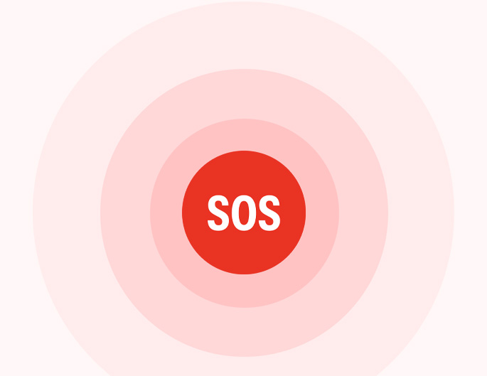 Red circle containing the word SOS, with progressivlely lighter red-toned circles radiating outward