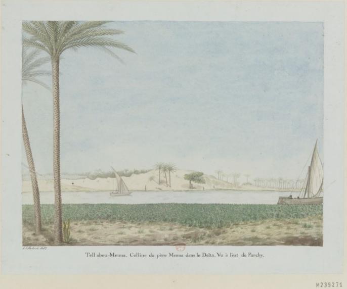 Tell abou-Menna. Colline du père Menna dans le Delta. Vu à l'est de Farchy. Henri-Joseph Redouté. 1798-1809