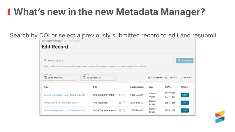 Slide titled “What’s new in the new Metadata Manager?” showing an edit record screen where users can search by DOI or select a previously submitted record to edit and resubmit.