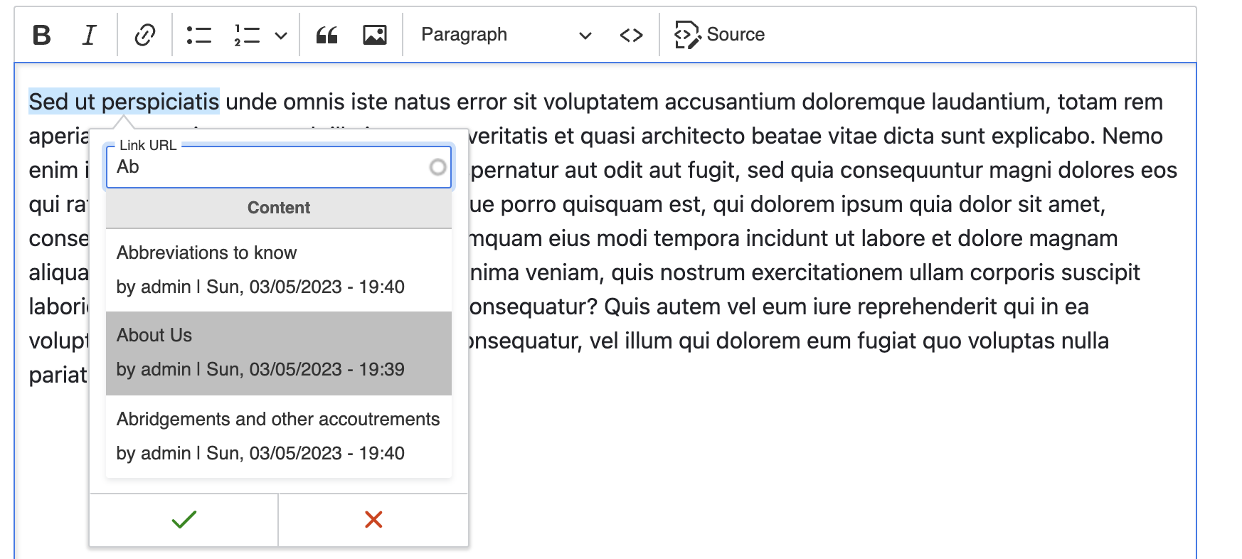 Screenshot of Linkit autocomplete using CKEditor 5