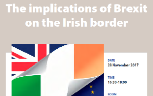 Poster for the workshop on The implications of Brexit on the Irish border, showing the UK, Irish and EU flags